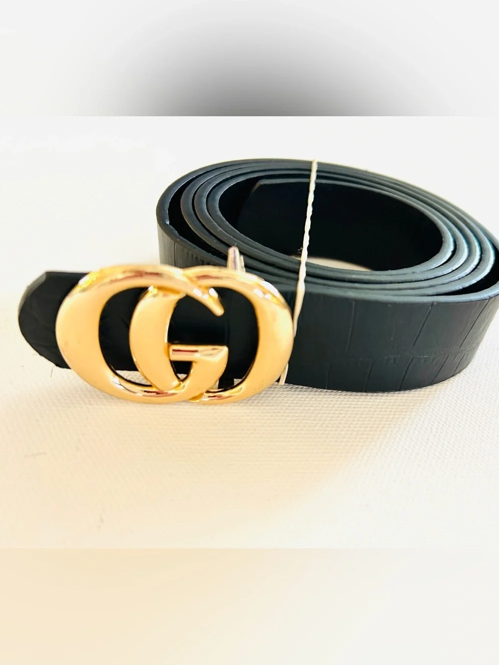noir Black Textured Belt Gold GG Style Buckle L/XL 46” Minimalist Chic NWOT